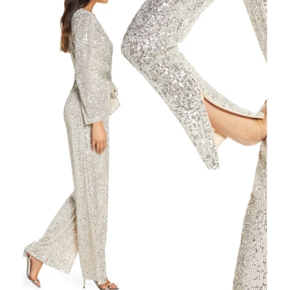 Eliza J Silver Sequined Wrap Front Long Sleeve Party Jumpsuit Size 12 NWT - Picture 2 of 12